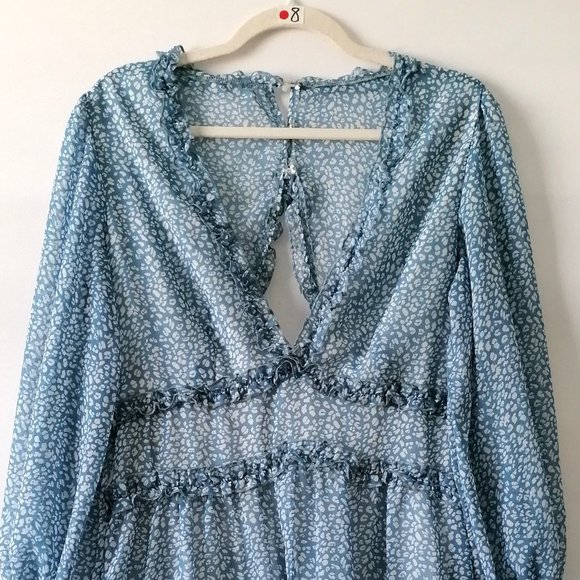 Unbranded Blue Balloon Sleeve Deep V Neck Ruffled Animal Print Mini Dress Size L - Picture 3 of 6